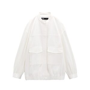 Oversized White Linen Blend Bomber Jacket